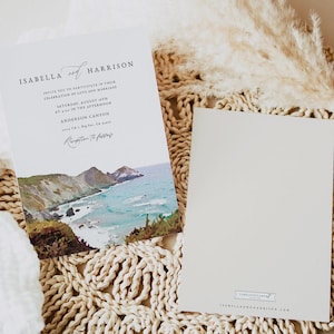 May include: Wedding invitation with a watercolor illustration of a beach scene. The invitation is for Isabella and Harrison's wedding on August 14th at Anderson Canyon. The text on the invitation reads "Invite you to participate in their celebration of love and marriage. Saturday, August 14th at 4:00 in the afternoon. Anderson Canyon. 12115 CA-1, Big Sur, CA 93920. Reception to follow."