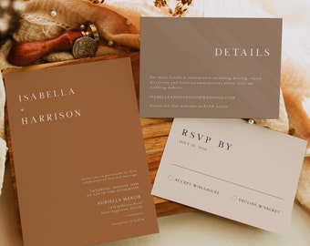 Plantillas de invitación de boda en naranja quemado, conjunto de invitaciones de boda en terracota, invitación de boda en tono óxido, estilo bohemio minimalista moderno - MIA