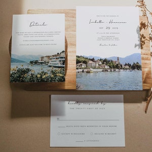 Suite di modelli di inviti per matrimonio sul lago di Como, inviti per matrimonio sul lago di Como ad acquerello, set di inviti per matrimonio in Italia, destinazione - Nicola