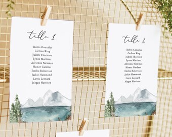 CLOVER  Mountain Wedding Seating Chart Card Template, Lake Wedding Seating Chart Cards, Forest Bohemian Seating Chart Cards Wedding Instant