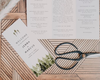 JENNA Trifold Wedding Program Template, Rustic Pine Tree Wedding Program Printable, Watercolor Pine Folded Wedding Order of Service Timeline