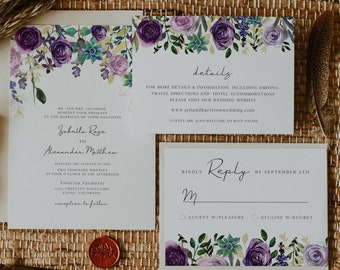 Succulent Wedding Invitation Suite Templates, Purple Wedding Invitation, Boho Wedding Invites, Desert Wedding Invitation Templett - OLIVIA