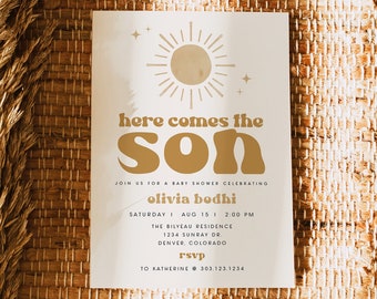 Sun-Babyparty-Einladungsvorlage, hier kommt der Sohn-Babyparty-Einladung, Boho-Babyparty-Einladung, geschlechtsneutrale Baby-Dusche-BODHI