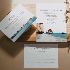 CYPRUS Wedding Invitation Template Suite, Destination Wedding Invitations Printable, Travel Themed Wedding Invites, Watercolor Cyprus Coast