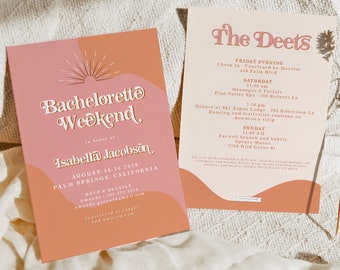 Retro Bachelorette invitation Template, 70&#39;s Bachelorette Itinerary, Festival Bachelorette Invite Instant, Palm Springs Sunburst DIY TRIXIE