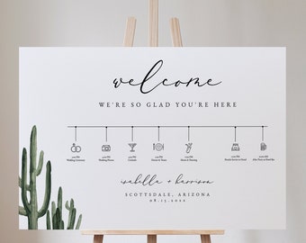 ELEANOR Horizontal Bohemian Cactus Wedding Welcome Sign & Icon Timeline Template