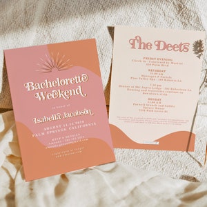 Retro Bachelorette invitation Template, 70's Bachelorette Itinerary, Festival Bachelorette Invite Instant, Palm Springs Sunburst DIY TRIXIE