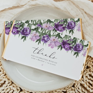 Chocolate Bar Wrappers, Chocolate Bar Wrapper Template, Elegant Purple Floral Wedding Chocolate Favor Wrap Printable, Editable LILAH