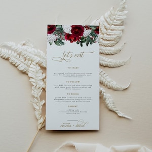 Carte de menu de mariage de Noël HOLLY, menu de mariage bourgogne, modèle de menu des fêtes, menu du dîner du week-end d'hiver rouge et or, menu de mariage en pin