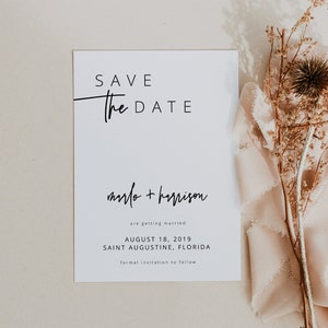 Plantilla imprimible de tarjetas para guardar la fecha de boda con estilo bohemio moderno y llamativo MARLO