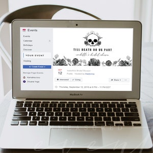 May include: A laptop computer screen displaying a Facebook event page for a bridal shower. The event is titled "Till Death Do Us Part" and is hosted by Madonna. The event is scheduled for Thursday, September 12, 2019 at 8 PM - 11 PM EDT.