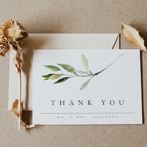 Modelo de cartão de agradecimento com vegetação, cartões de agradecimento para impressão, agradecimento de casamento boho, cartão de agradecimento boho, faça você mesmo minimalista moderno - ISABELLA