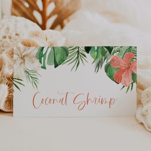Tropische buffetkaartsjabloon, strandluau-buffetkaarten, voedseletiketten direct download afdrukbare, roze hibiscus hula-voedselkaart bewerkbare LALANI
