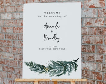 BEATA Plantilla imprimible de cartel de bienvenida de boda de pino de invierno, verde bosque rústico