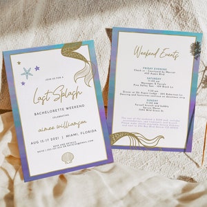 SIREN Mermaid Bachelorette Invitation Template, Last Splash Bachelorette Invitation Printable, Tropical Beach Ocean Bachelorette Itinerary