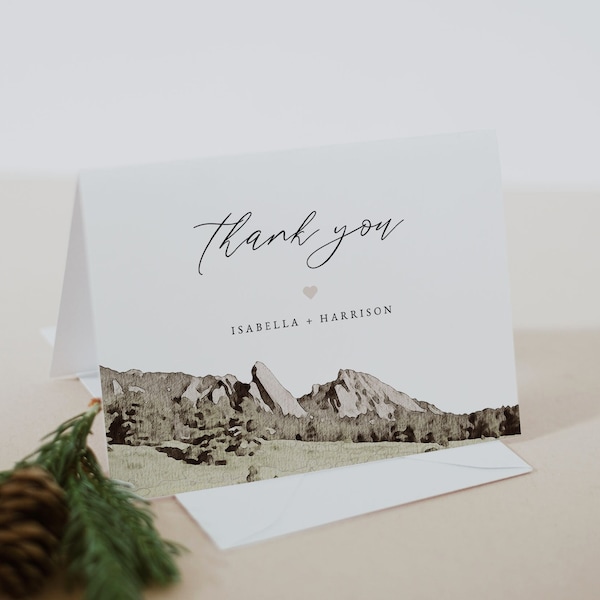 BOULDER COLORADO Thank You Card Template, Watercolor Mountain Thank You Card Printable, Flatirons Destination Wedding Thank You Card