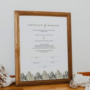 Certificado de matrimonio, certificado de matrimonio, certificado de unión a prueba, recuerdo de boda boho del desierto, certificado de matrimonio con cactus - NORAH