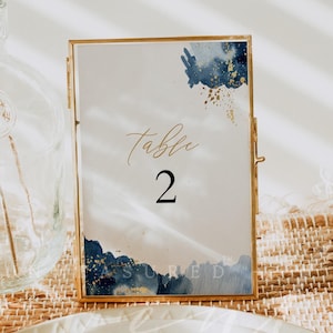Table Number Template, Navy and Gold Table Numbers, Blue Watercolor Table Numbers Printable, Winter Table Number Shower Birthday DIY STELLA