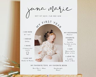 ADELLA Minimalist Photo First Birthday Milestone Board Template, Milestone Board, Baby Milestone Board, Modern Milestone Poster Arch Simple