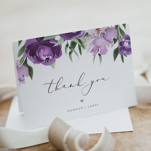 Modello di biglietto di ringraziamento viola, biglietto di ringraziamento per matrimonio viola, biglietti di ringraziamento floreali, biglietti di ringraziamento per matrimonio con fiori di lavanda lilla - LILAH