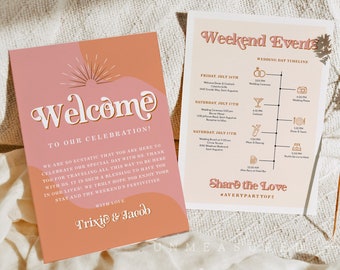 Wedding Timeline Template, Retro Wedding Welcome Letter, 70's Themed Wedding Welcome Bag Weekend Timeline Schedule Itinerary Sunburst TRIXIE