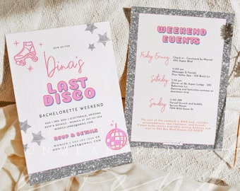DINA Disco Bachelorette Invitation Template, Last Disco Bachelorette Invite and Itinerary Printable, Silver Glitter and Hot Pink Evite DIY