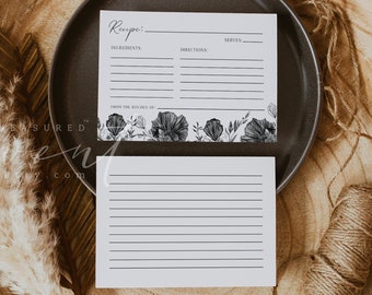 NOVA Recipe Card Template, Printable Recipe Cards, Bridal Shower Recipe Card, Black Floral Recipe Cards, Halloween Recipe Card 4x6" Instant
