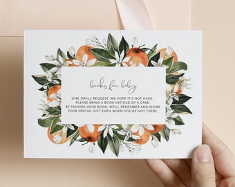 Orange Books for Baby Card Template, Orange Blossom Books for Baby Insert Printable, Citrus Gender Neutral Baby Shower Enclosure CALLIOPE