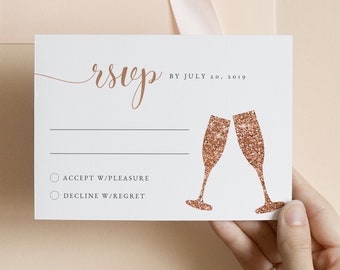 VIVIEN Rose Gold Champagne RSVP Card Template, Rose Gold Bridal Shower Response Card Printable, Glitter RSVP Card Instant, Bachelorette