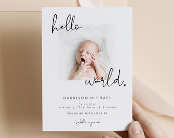 ADELLA Minimalist Photo Birth Announcement Template, Simple Hello World Birth Announcement, Modern Newborn Announcement,