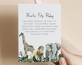 AMARA Books for Baby Card Printable, Animal Safari Bring a Book Card for Baby Shower, Watercolor Lion Giraffe Elephant Jungle Themed DIY