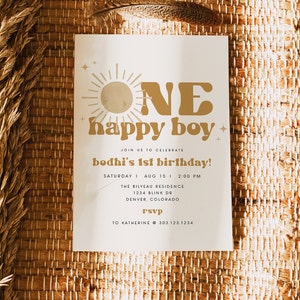 Un modello di invito di compleanno per ragazzo felice, primo viaggio intorno al sole, invito di compleanno, invito per il primo compleanno di Boho Sun stampabile BODHI