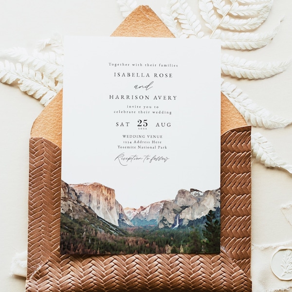 YOSEMITE Wedding Invitation Template, Watercolor Yosemite Valley Destination Wedding Invite Printable, National Park Mountain Rustic Photo