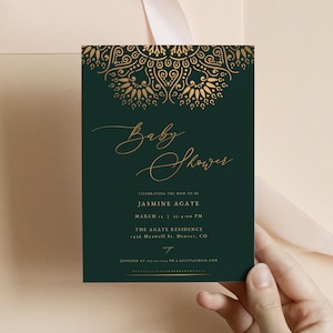 Jasmin • Modèle d&#39;invitation de baby shower mandala, invitation de baby shower indienne, invitation de baby shower vert émeraude et or, douche hindoue