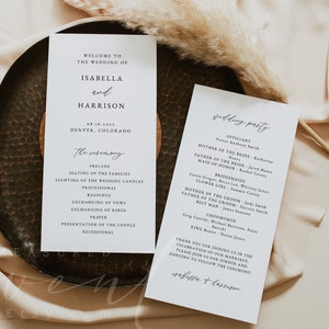 May include: A wedding ceremony programme with a white background and black text. The programme lists the order of events for the wedding ceremony, including the prelude, seating of the families, lighting of the wedding candles, processional, readings, exchanging of vows, exchanging of rings, prayer, presentation of the couple, and recessional. The programme also includes a wedding party list with the names of the officiant, mother of the bride, father of the bride, maid of honour, bridesmaids, flower girl, mother of the groom, father of the groom, best man, groomsmen, and ring bearer.