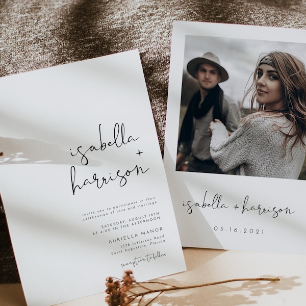 Minimalistische Hochzeitseinladung Vorlage, Foto Hochzeitseinladung zum Ausdrucken, Moderne Hochzeitseinladung, Einfache Hochzeitseinladung Evite Boho - ADELLA