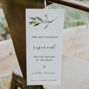 Reserved Chair Tag, Wedding Seating Tag, Printable Chair Tag, Reserved for Bride and Groom, Reserved Seat Sign Minimalist Greenery ISABELLA