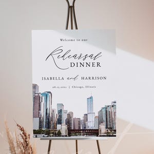 Modello di cartello di benvenuto per la cena di prova di CHICAGO, poster di prova di matrimonio con skyline di Chicago in acquerello, download immediato per matrimonio a destinazione