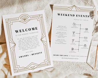 DAISY Gold Art Deco Wedding Timeline Template, Gatsby Wedding Welcome Letter, Welcome Bag Letter, Roaring 20's, Glam Gatbsy Themed Timeline