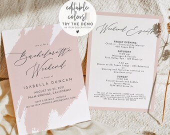 GRETCHEN Bachelorette Invitation Template, Printable Bachelorette Itinerary, Blush Splash Bachelorette Invite Email Invitation and Schedule