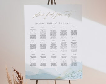 GEMMA Seating Chart Template, Printable Wedding Seating Chart, Blue Watercolor Seating Chart, Tropical Beach Ocean Destination Seating Sign