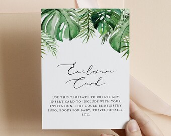 Tropical Enclosure Card Template, Palm Leaf Enclosure Card, Editable Invitation Enclosure Instant Download, Beach Wedding Bachelorette CORA