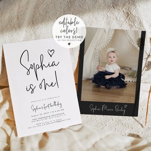 Invitación de primer cumpleaños moderna de REECE, invitación de primer cumpleaños, invitación de cumpleaños minimalista imprimible, tarjeta de invitación de cumpleaños con foto