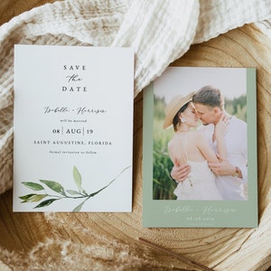 ISABELLA Greenery Save the Date Template, Boho Save the Date Printable, Minimal Greenery Sprig Save the Date Evite with Photo Garden Boho