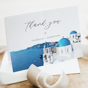 Plantilla de tarjeta de agradecimiento de SANTORINI, tarjeta de agradecimiento imprimible con diseño de Block Island, agradecimiento por boda de destino, agradecimiento por ducha de bricolaje