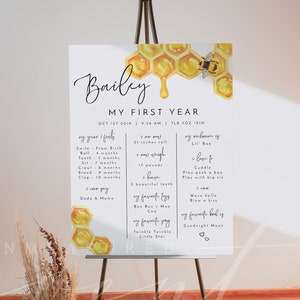 May include: A white poster with a honey comb design and a bee. The poster is titled "Bailey My First Year" and includes details about Bailey's first year of life, including birth date, weight, height, and milestones.