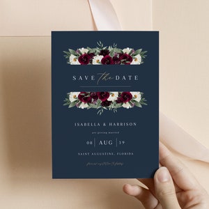 ROSA bordeaux en marineblauw Save the Date-sjabloon, Merlot Save the Date-kaarten, Marsala-bruiloft Save the Date, wijn Save the Date, winter DIY