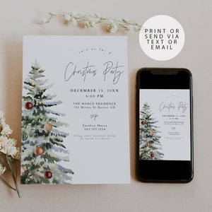 Minimalist Christmas Party Invitation Template, Modern Watercolor Christmas Tree Invite Printable, Boho Holiday Dinner Evite HARLOW