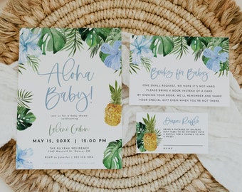 Aloha Baby Shower Invitation Suite, Luau Baby Shower Invitation Set, Tropical Baby Shower, Beach Baby Shower Pineapple Hibiscus Boy LALANI