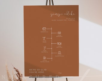 CORIANDER Terracotta Wedding Timeline Sign Template, Boho Welcome Timeline Sign, Editable Wedding Timeline Poster with Icons Bohemian